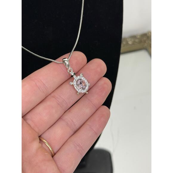 Vintage Silver Turtle With Pink Cubic Zirconia Stone Pendant Necklace Unsigned - Picture 3 of 10